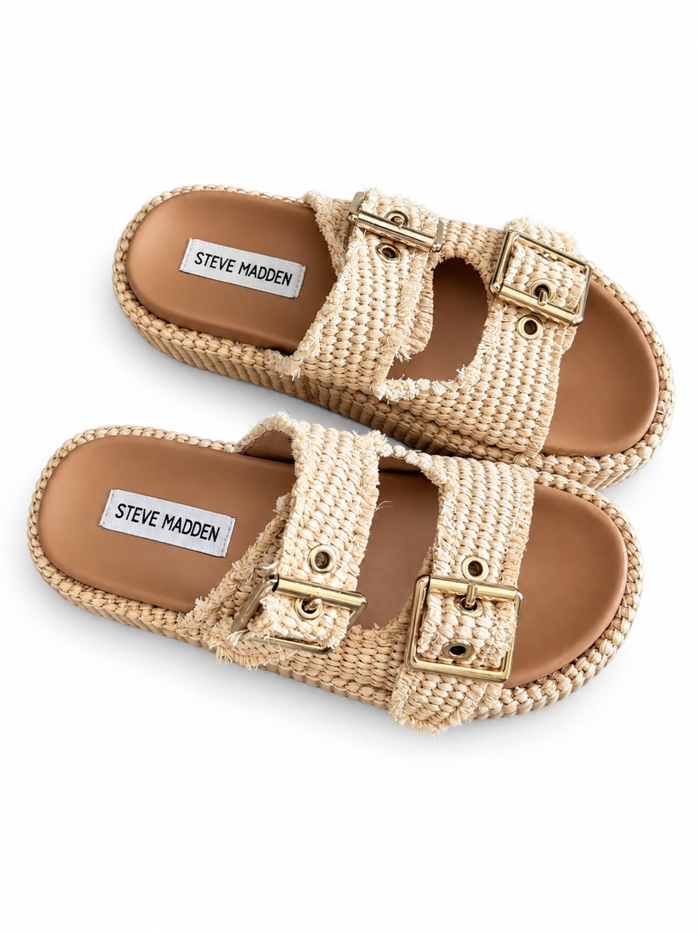 Steve Madden Beige Raffia Double-Buckle Slide Sandals with Gold Buckles NWOT
